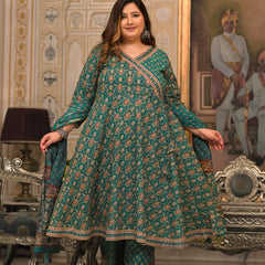 Green Printed Cotton Angarkha Kurta Pant Dupatta Set for Women (Plus Size)