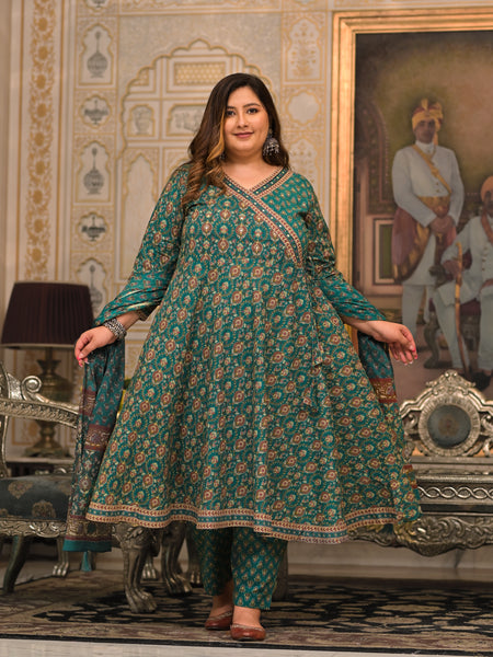 Green Printed Cotton Angarkha Kurta Pant Dupatta Set for Women (Plus Size)
