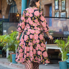 Light Pink Printed Cotton Angarkha Kurta Pant Dupatta Set for Women (Plus Size)