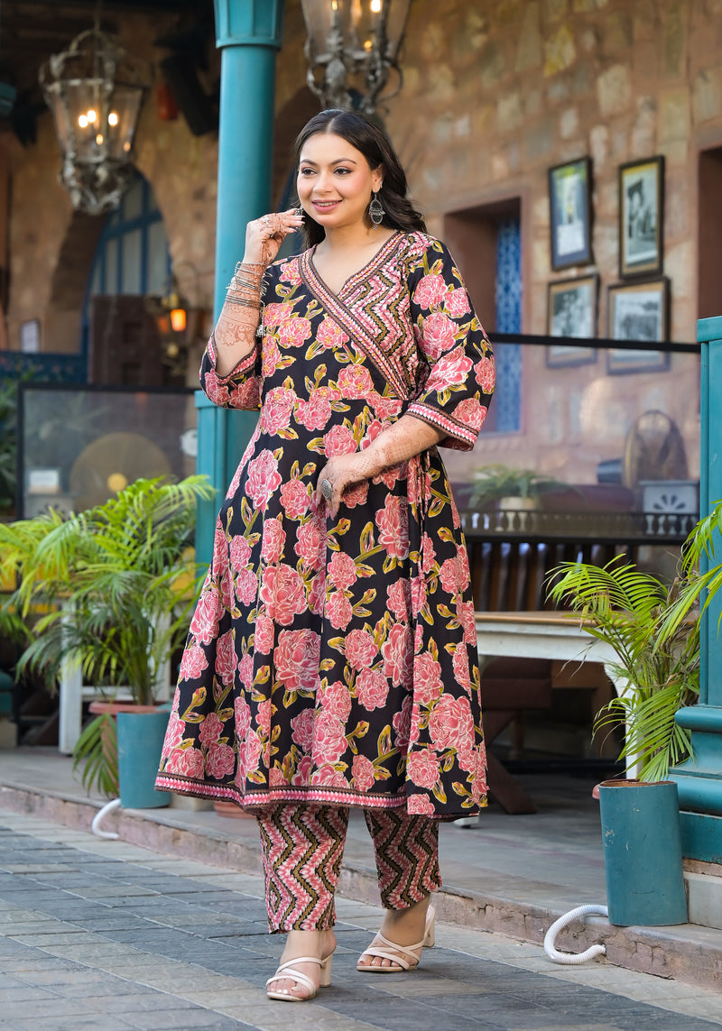 Light Pink Printed Cotton Angarkha Kurta Pant Dupatta Set for Women (Plus Size)
