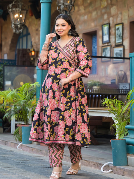 Light Pink Printed Cotton Angarkha Kurta Pant Dupatta Set for Women (Plus Size)