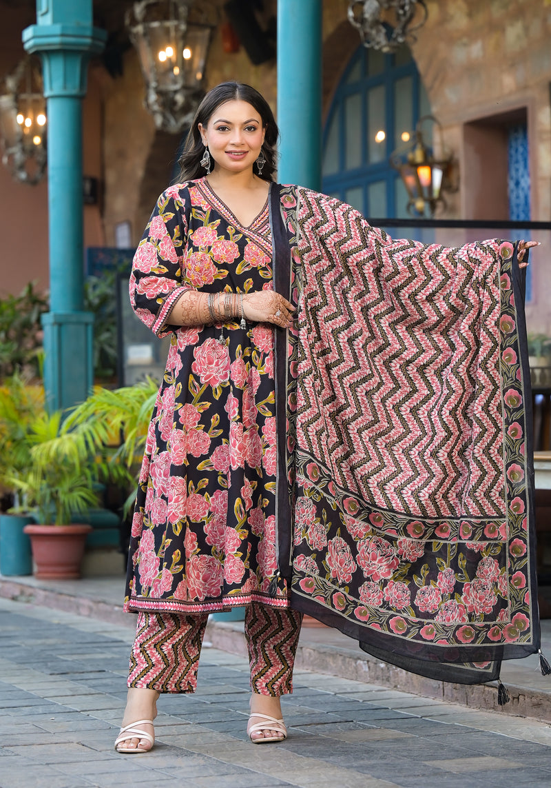 Light Pink Printed Cotton Angarkha Kurta Pant Dupatta Set for Women (Plus Size)