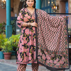 Light Pink Printed Cotton Angarkha Kurta Pant Dupatta Set for Women (Plus Size)