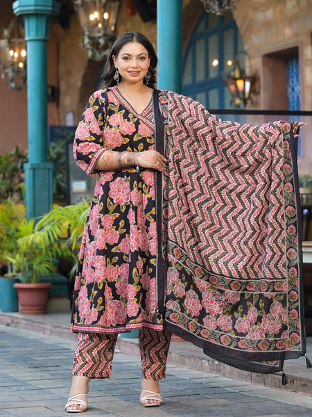 Light Pink Printed Cotton Angarkha Kurta Pant Dupatta Set for Women (Plus Size)