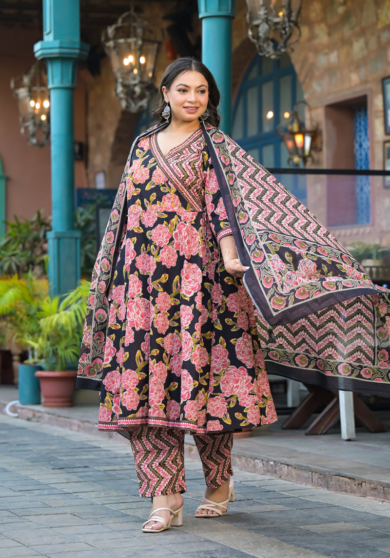 Light Pink Printed Cotton Angarkha Kurta Pant Dupatta Set for Women (Plus Size)