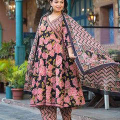 Light Pink Printed Cotton Angarkha Kurta Pant Dupatta Set for Women (Plus Size)