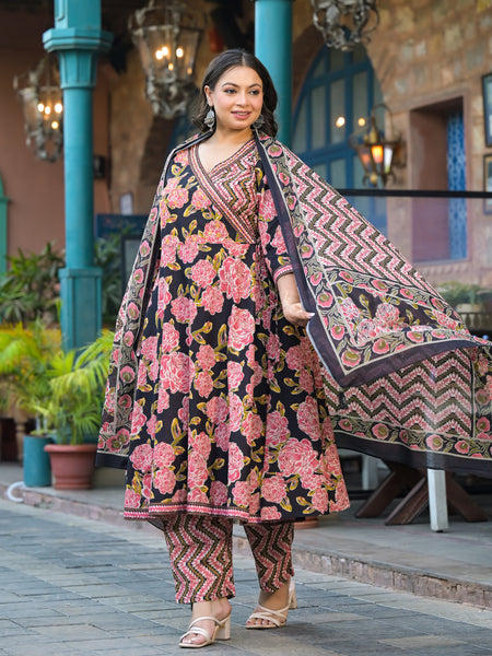 Light Pink Printed Cotton Angarkha Kurta Pant Dupatta Set for Women (Plus Size)