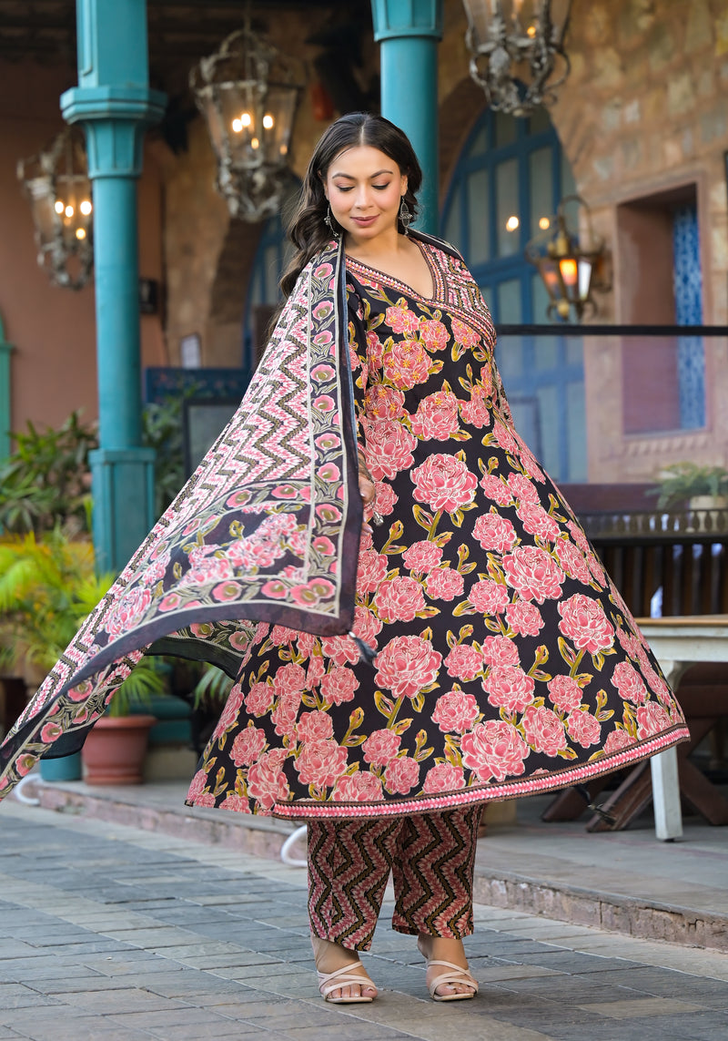 Light Pink Printed Cotton Angarkha Kurta Pant Dupatta Set for Women (Plus Size)