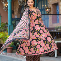 Light Pink Printed Cotton Angarkha Kurta Pant Dupatta Set for Women (Plus Size)