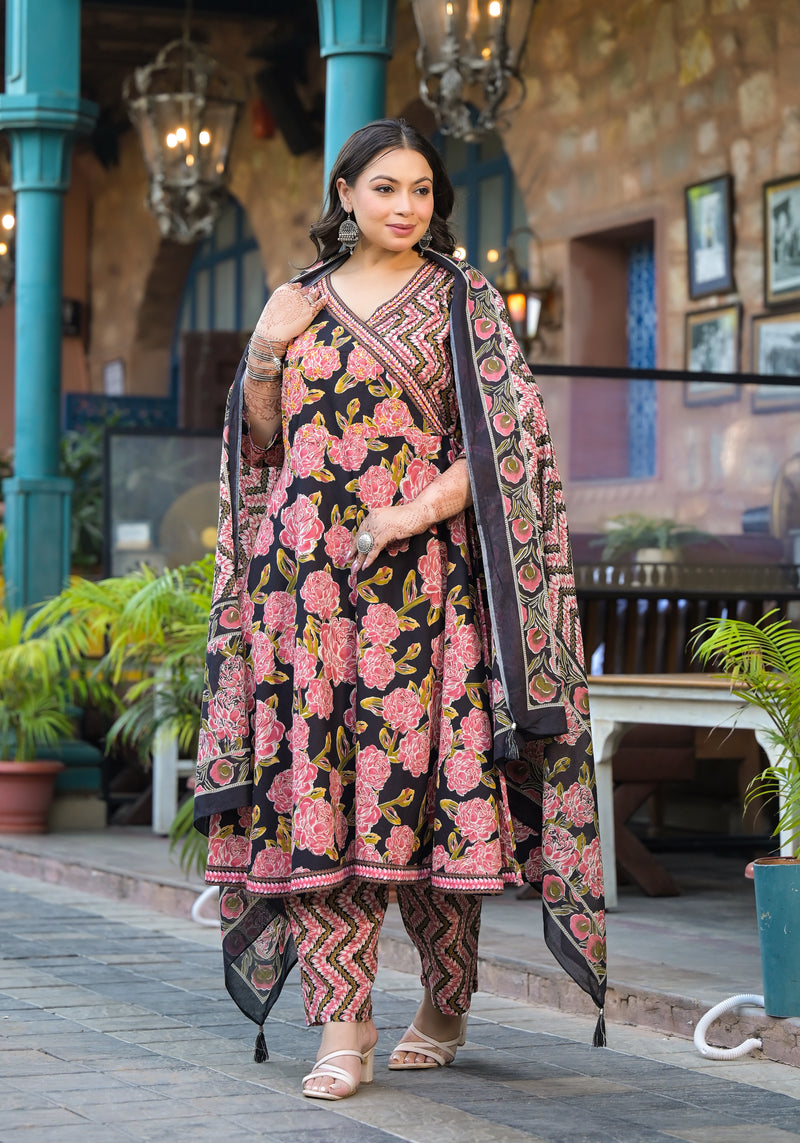 Light Pink Printed Cotton Angarkha Kurta Pant Dupatta Set for Women (Plus Size)