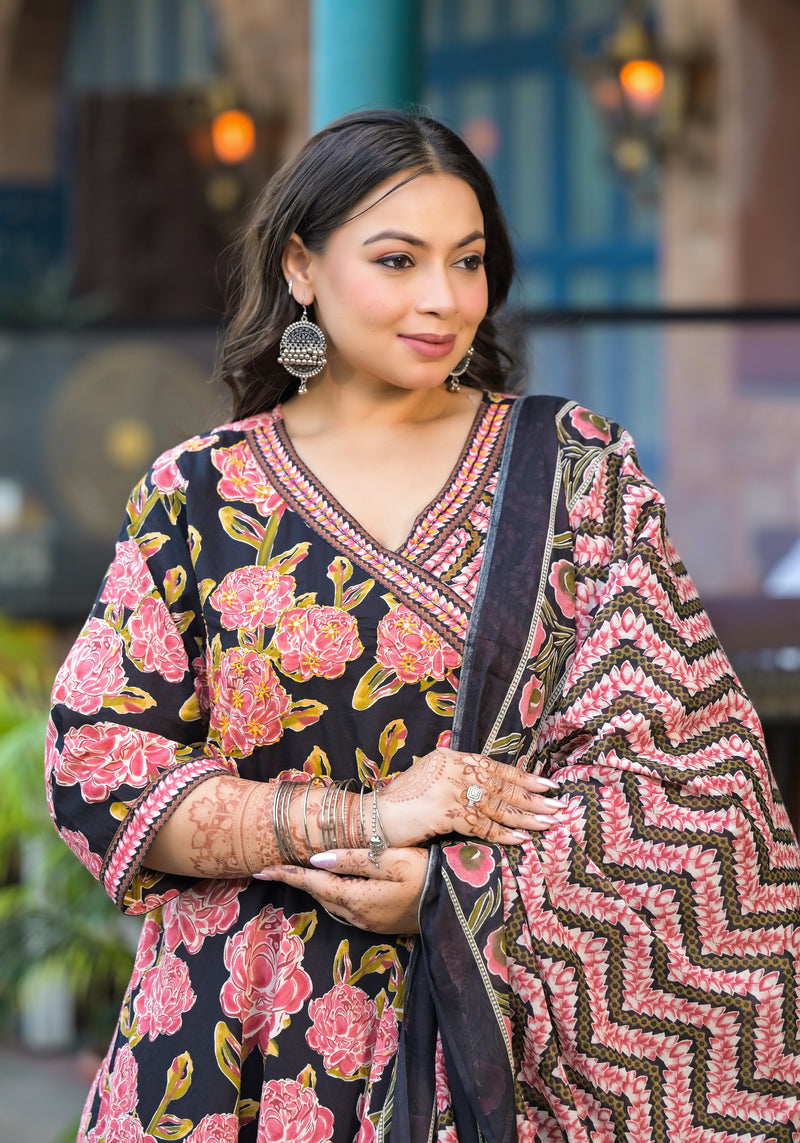 Light Pink Printed Cotton Angarkha Kurta Pant Dupatta Set for Women (Plus Size)