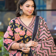 Light Pink Printed Cotton Angarkha Kurta Pant Dupatta Set for Women (Plus Size)