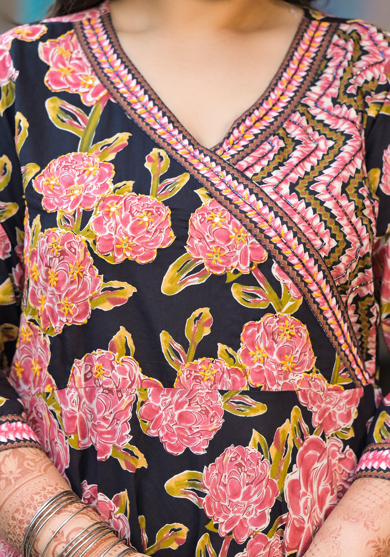 Light Pink Printed Cotton Angarkha Kurta Pant Dupatta Set for Women (Plus Size)