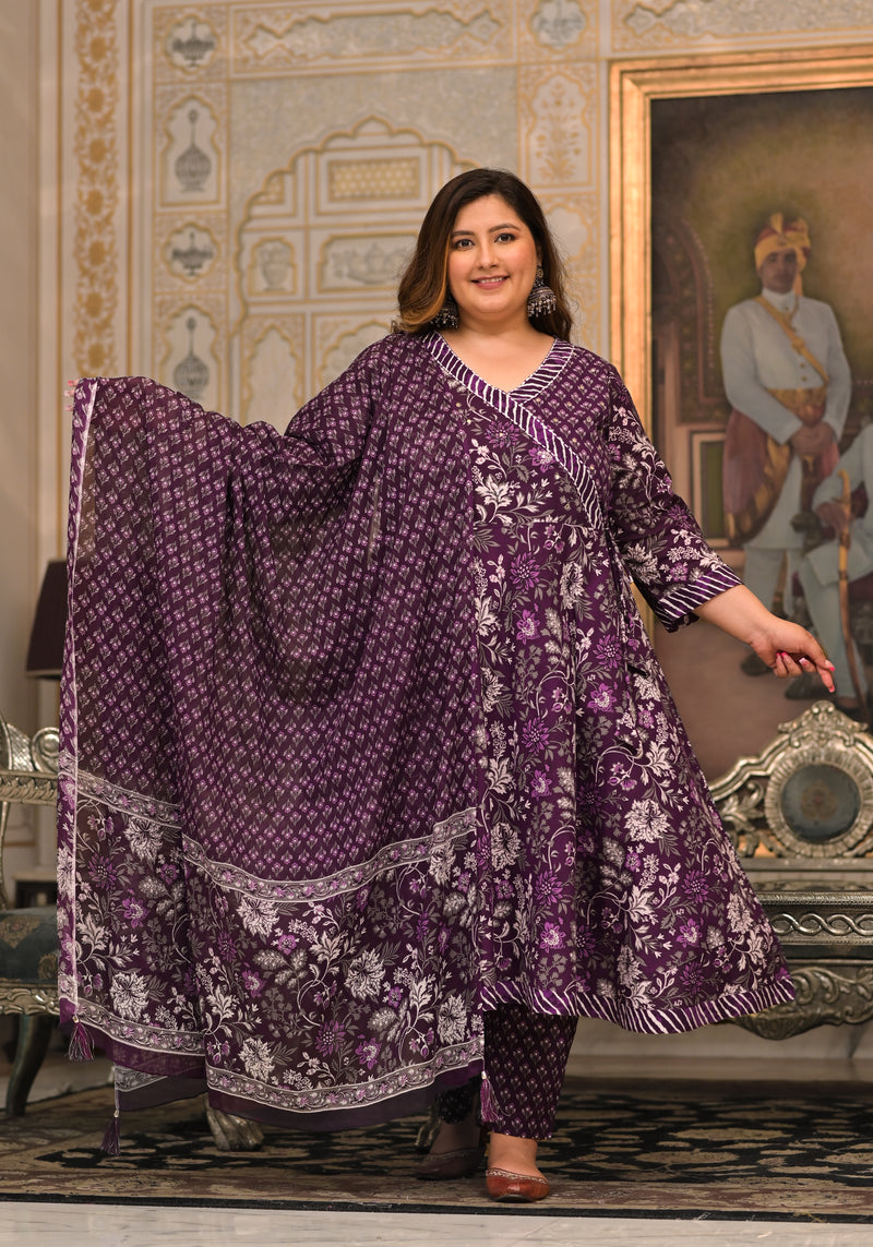 Purple Printed Cotton Angarkha Kurta Pant Dupatta Set for Women (Plus Size)