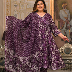 Purple Printed Cotton Angarkha Kurta Pant Dupatta Set for Women (Plus Size)