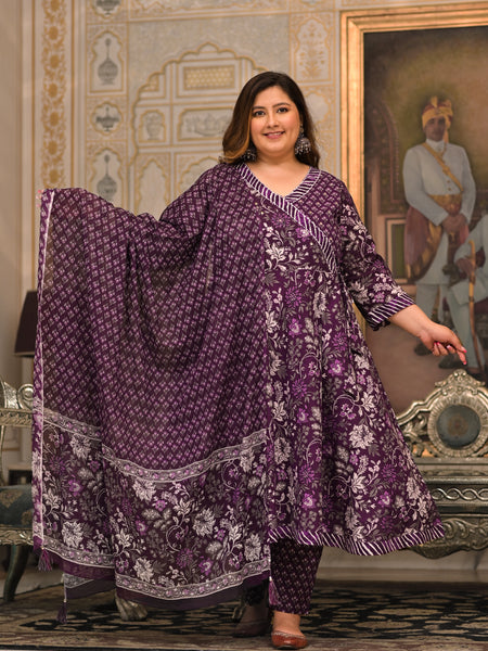 Purple Printed Cotton Angarkha Kurta Pant Dupatta Set for Women (Plus Size)
