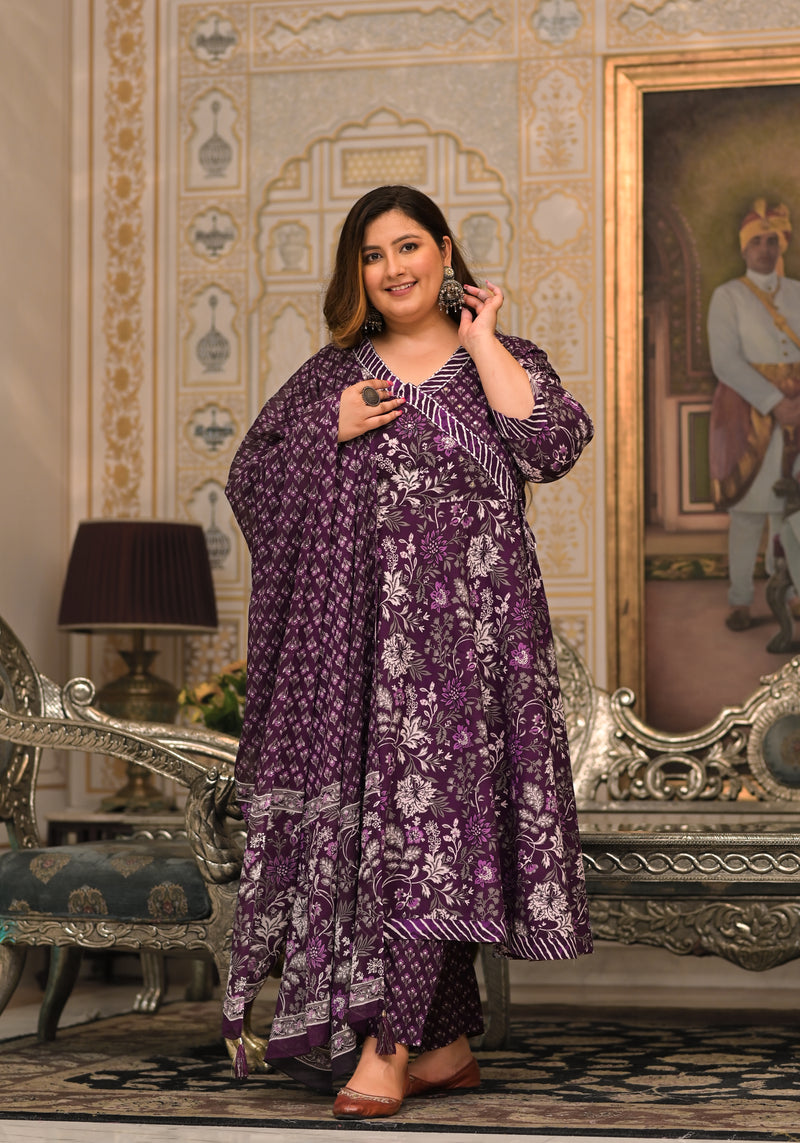 Purple Printed Cotton Angarkha Kurta Pant Dupatta Set for Women (Plus Size)