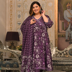 Purple Printed Cotton Angarkha Kurta Pant Dupatta Set for Women (Plus Size)