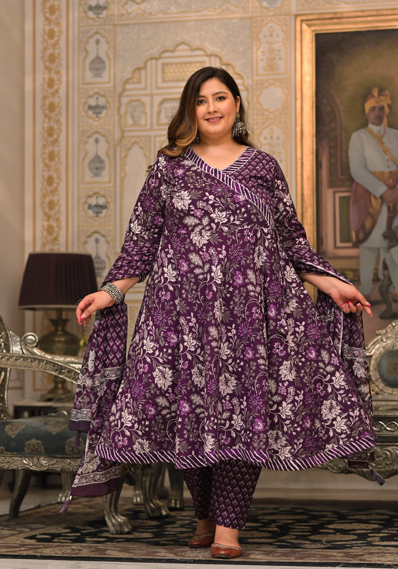 Purple Printed Cotton Angarkha Kurta Pant Dupatta Set for Women (Plus Size)