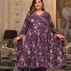 Purple Printed Cotton Angarkha Kurta Pant Dupatta Set for Women (Plus Size)