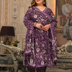 Purple Printed Cotton Angarkha Kurta Pant Dupatta Set for Women (Plus Size)