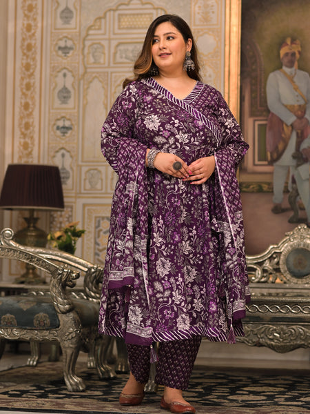 Purple Printed Cotton Angarkha Kurta Pant Dupatta Set for Women (Plus Size)