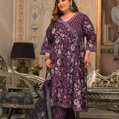 Purple Printed Cotton Angarkha Kurta Pant Dupatta Set for Women (Plus Size)