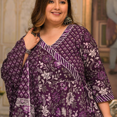 Purple Printed Cotton Angarkha Kurta Pant Dupatta Set for Women (Plus Size)
