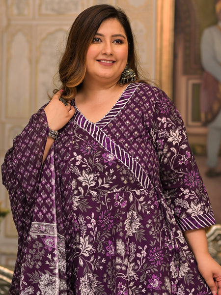 Purple Printed Cotton Angarkha Kurta Pant Dupatta Set for Women (Plus Size)