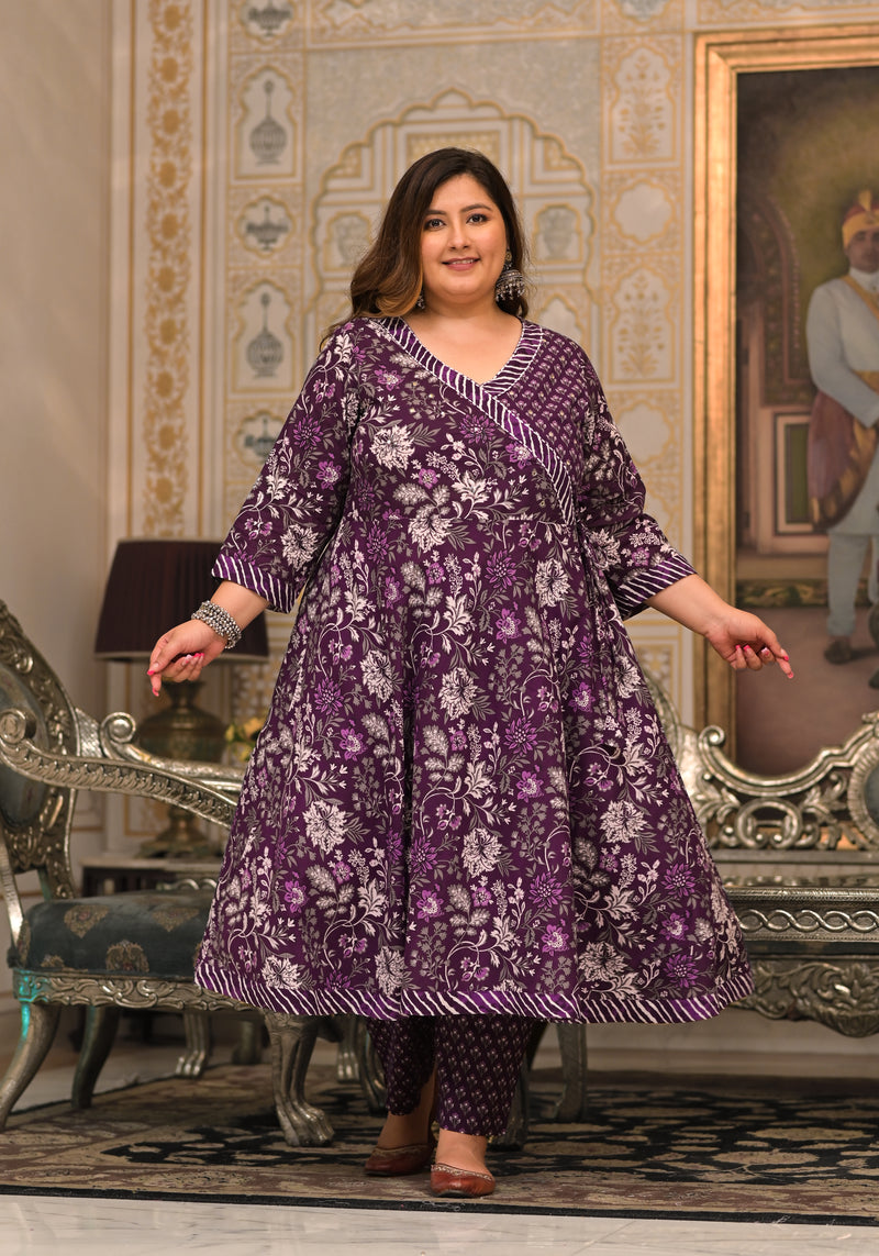 Purple Printed Cotton Angarkha Kurta Pant Dupatta Set for Women (Plus Size)