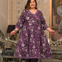 Purple Printed Cotton Angarkha Kurta Pant Dupatta Set for Women (Plus Size)