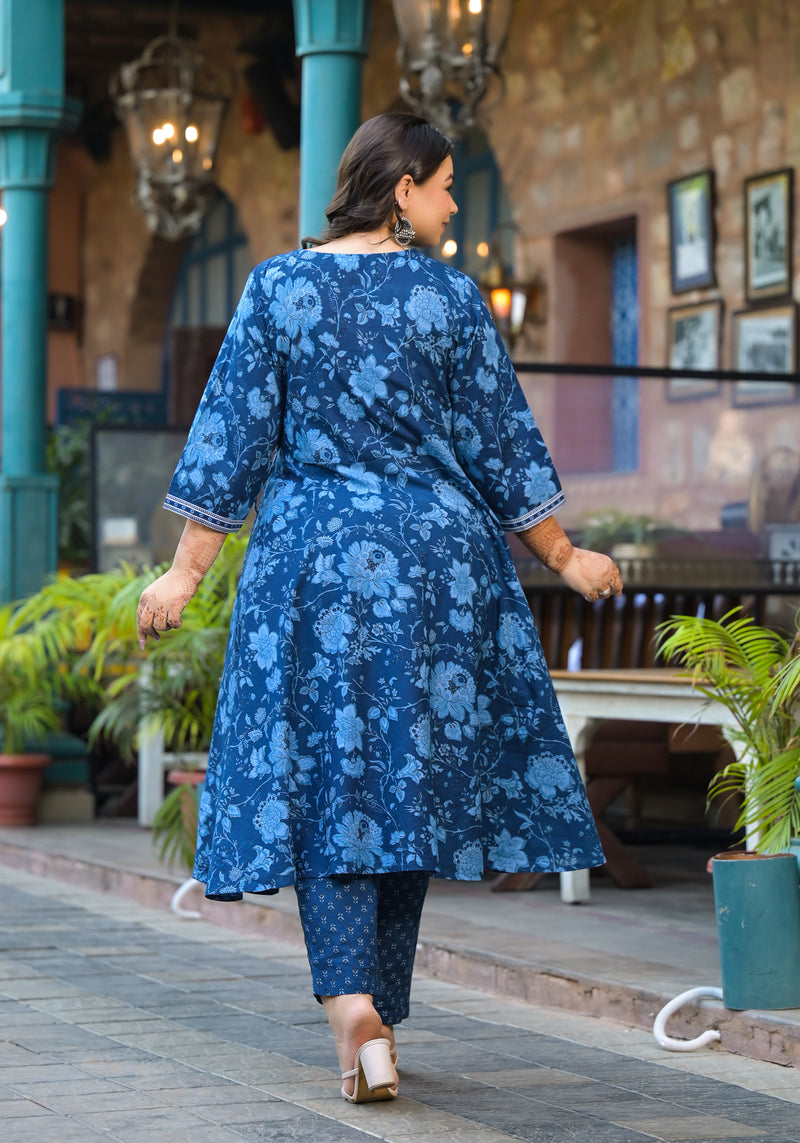 Royal Blue Printed Cotton Angarkha Kurta Pant Dupatta Set for Women (Plus Size)