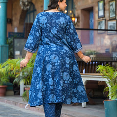 Royal Blue Printed Cotton Angarkha Kurta Pant Dupatta Set for Women (Plus Size)