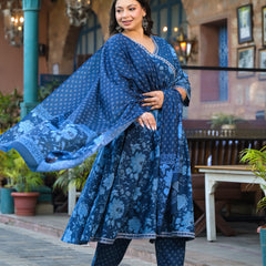 Royal Blue Printed Cotton Angarkha Kurta Pant Dupatta Set for Women (Plus Size)