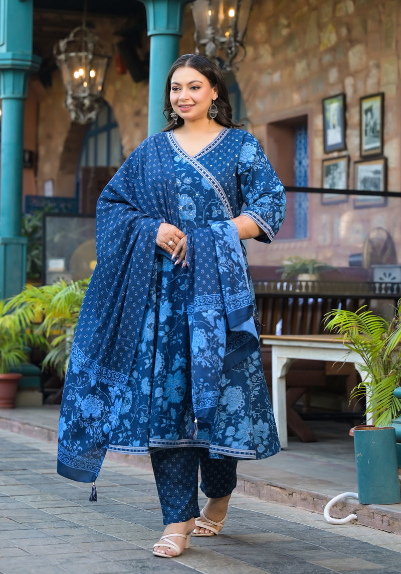 Royal Blue Printed Cotton Angarkha Kurta Pant Dupatta Set for Women (Plus Size)