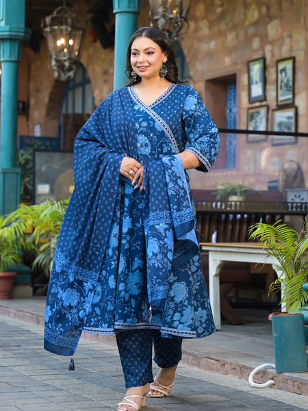 Royal Blue Printed Cotton Angarkha Kurta Pant Dupatta Set for Women (Plus Size)