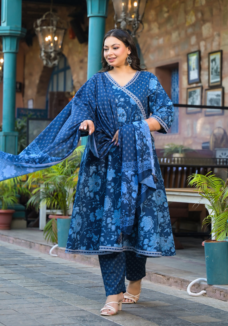Royal Blue Printed Cotton Angarkha Kurta Pant Dupatta Set for Women (Plus Size)