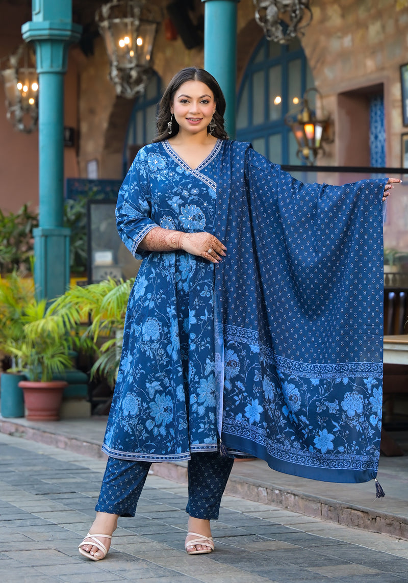 Royal Blue Printed Cotton Angarkha Kurta Pant Dupatta Set for Women (Plus Size)