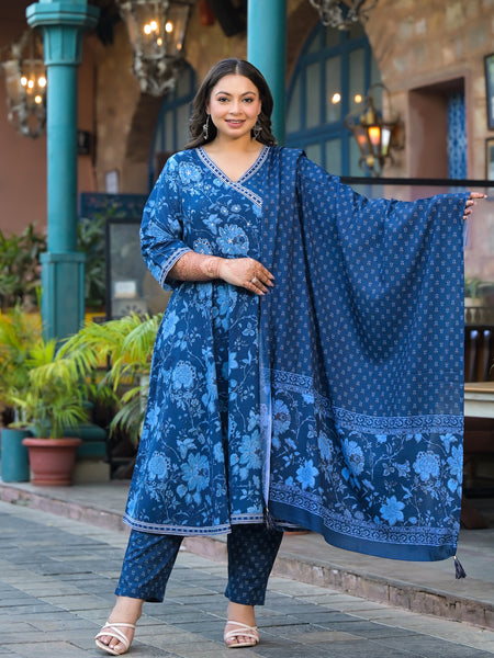 Royal Blue Printed Cotton Angarkha Kurta Pant Dupatta Set for Women (Plus Size)