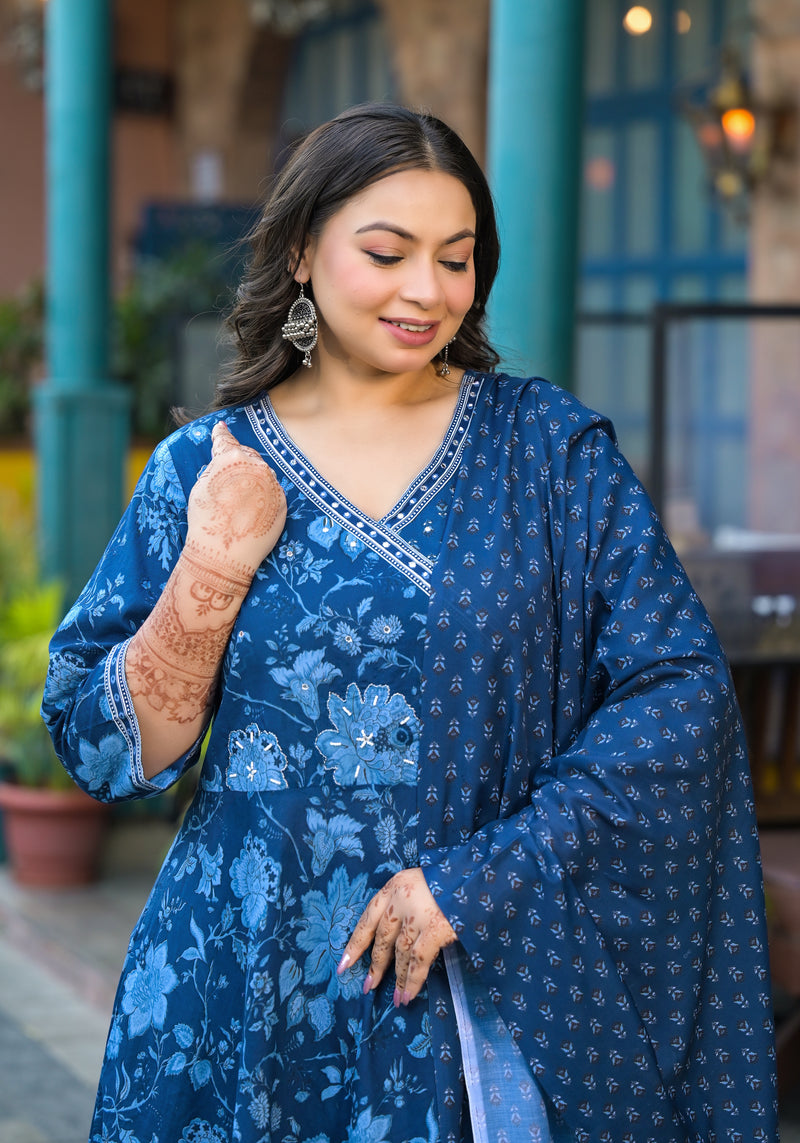 Royal Blue Printed Cotton Angarkha Kurta Pant Dupatta Set for Women (Plus Size)