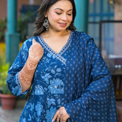 Royal Blue Printed Cotton Angarkha Kurta Pant Dupatta Set for Women (Plus Size)