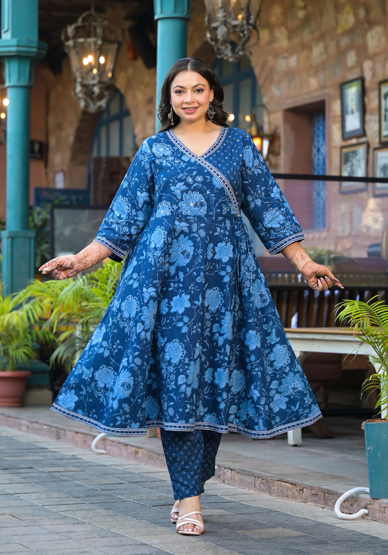 Royal Blue Printed Cotton Angarkha Kurta Pant Dupatta Set for Women (Plus Size)