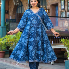 Royal Blue Printed Cotton Angarkha Kurta Pant Dupatta Set for Women (Plus Size)