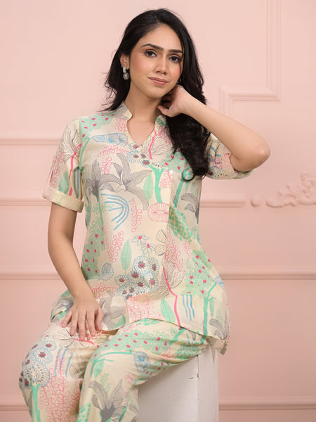 Beige Cotton Co-Ord Set with Palazzo Pants