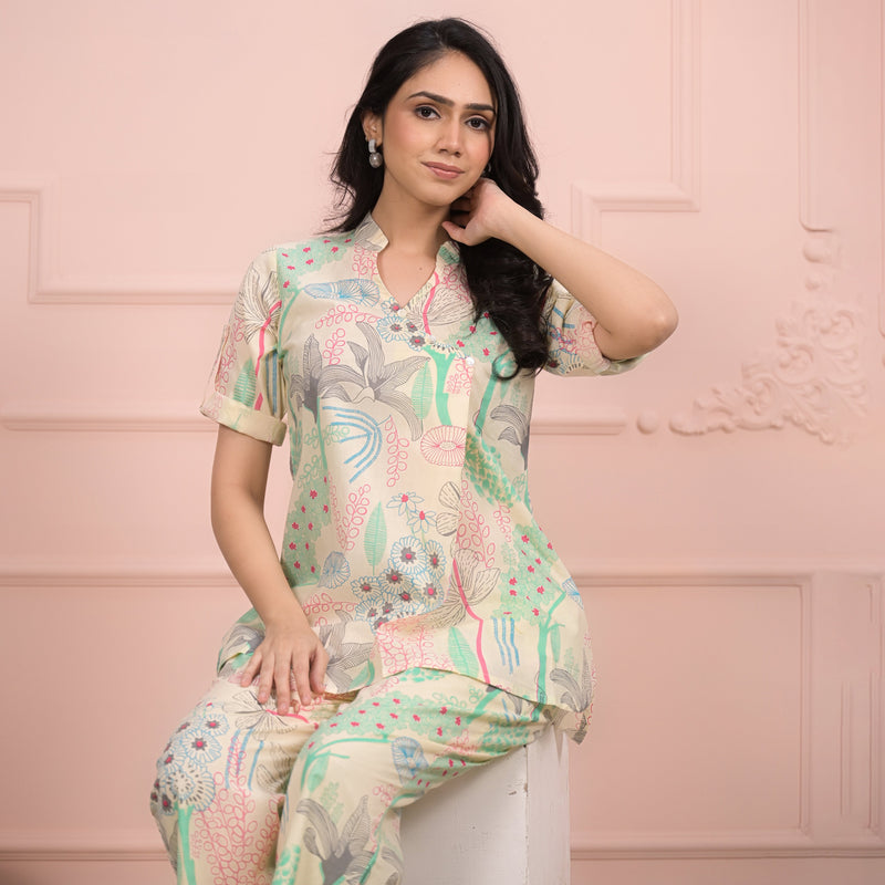 Beige Cotton Co-Ord Set with Palazzo Pants