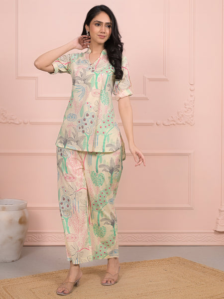 Beige Cotton Co-Ord Set with Palazzo Pants