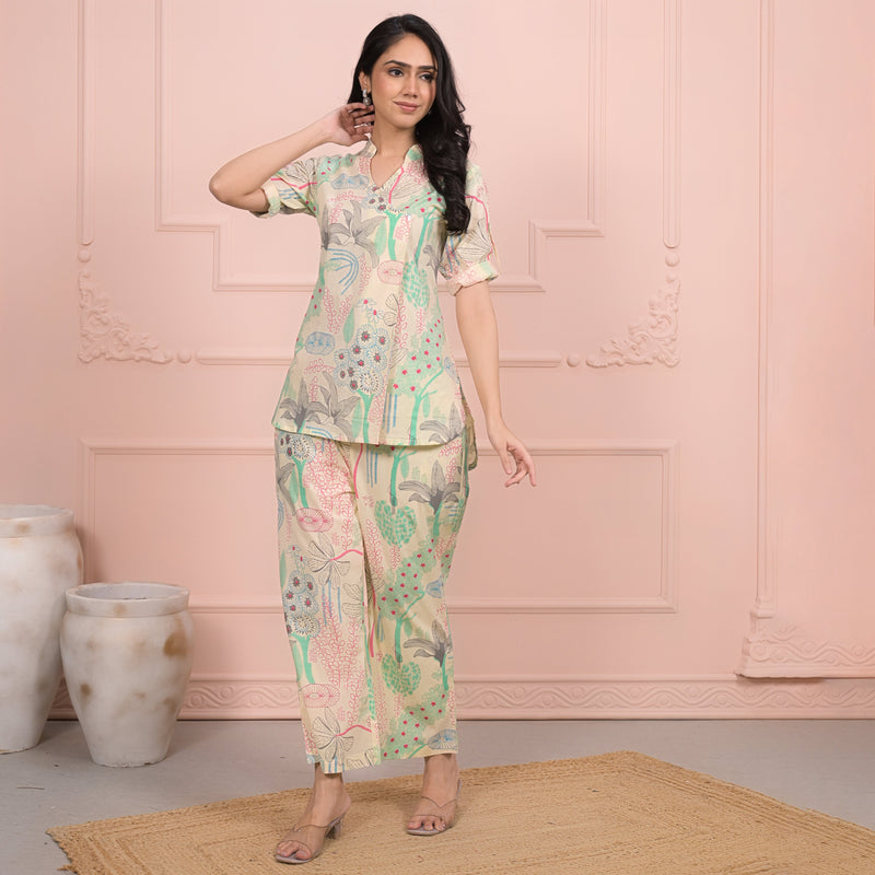 Beige Cotton Co-Ord Set with Palazzo Pants