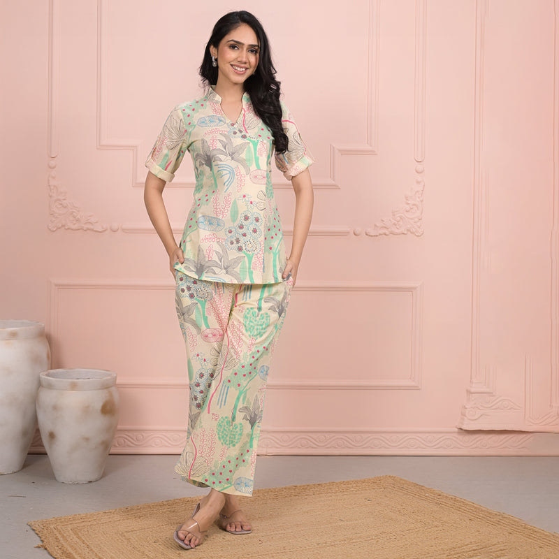 Beige Cotton Co-Ord Set with Palazzo Pants