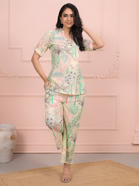 Beige Cotton Co-Ord Set with Palazzo Pants