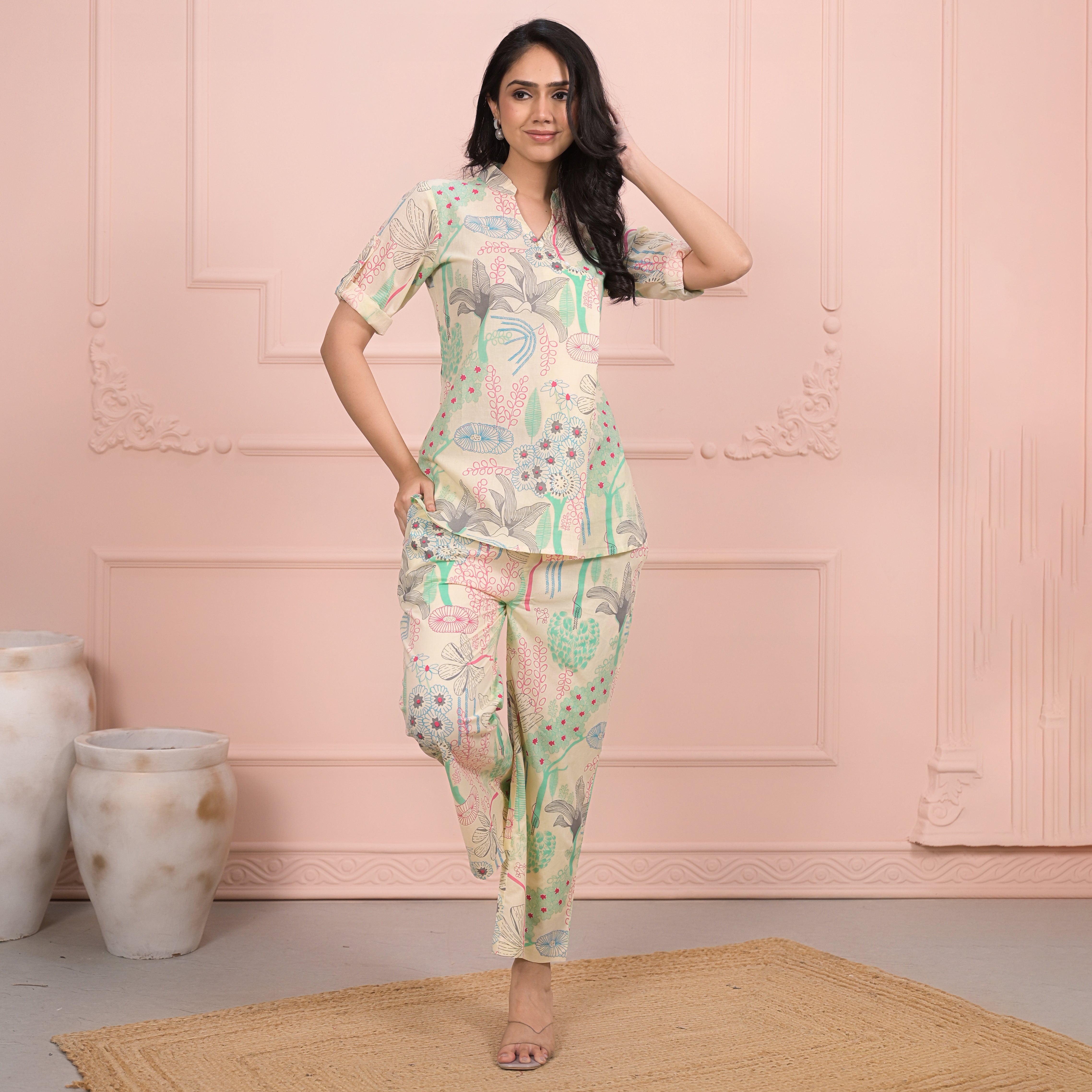 Beige Cotton Co-Ord Set with Palazzo Pants